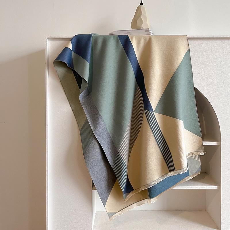 Autumn And Winter Cape Imitation Cashmere Air Conditioner Shawl Thickened Simple Warm Student Extended Plaid Double-Sided Scarf Female