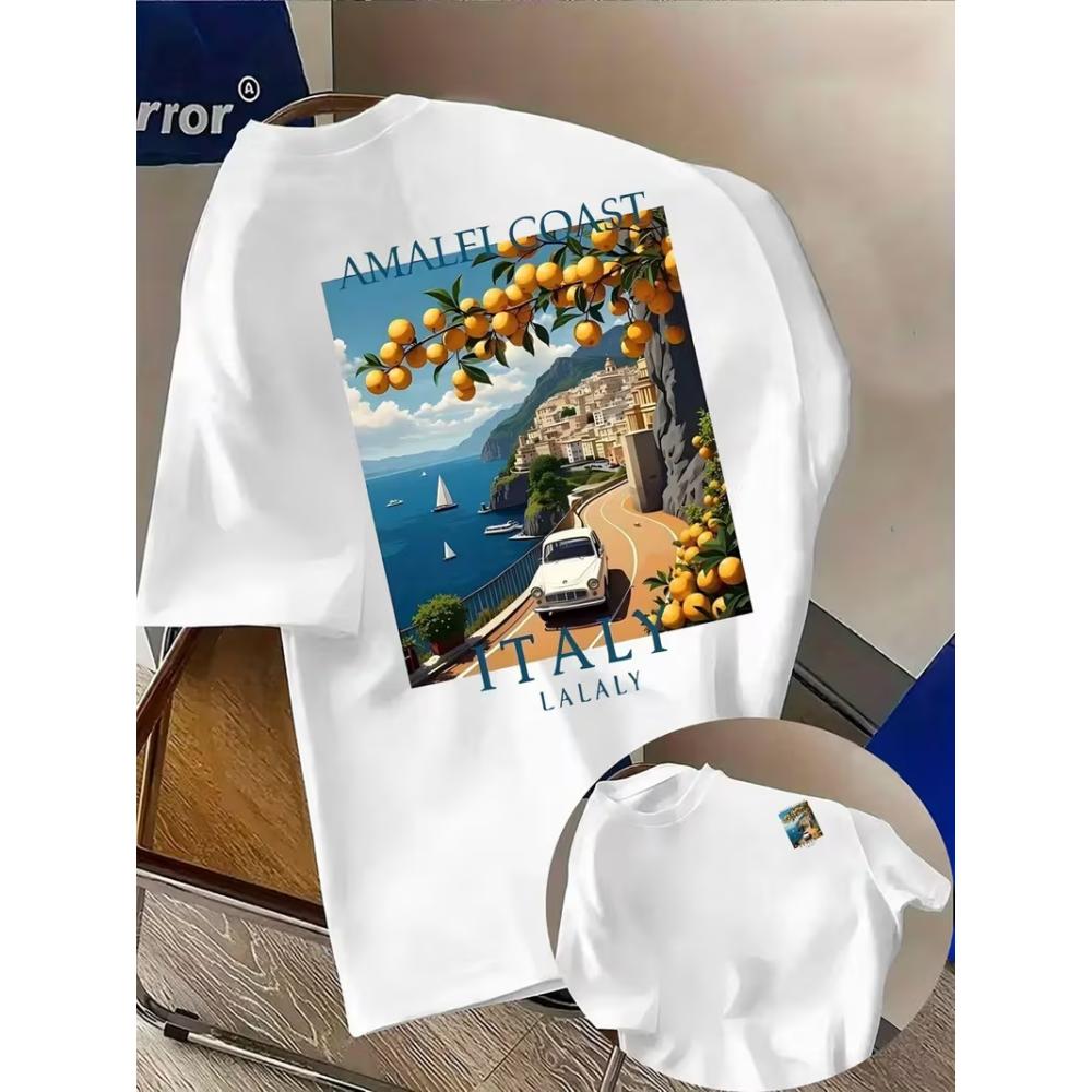 Italy Vacation Print Tshirt Amalfi Coast Lemon Tree Design Short Sleeve Tees Round Neck Casual Top Unisex Unisex Fashion Streetwear