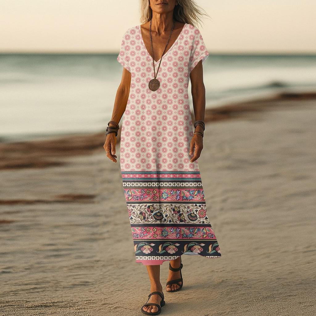 Летнее платье Женское длинное платье бохо для пляжа Элегантное платье макси V-образный вырез Короткий рукав Летнее платье-туника Легкое воздушное
