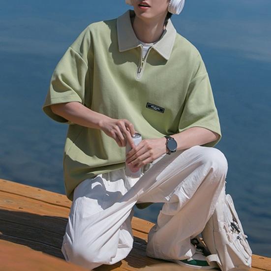 Spring Men Cargo Shirt Turn-down Collar Half Zipper Loose Japanese Style Mid Length Solid Color Half Sleeves Pullover Streetwear Outdoor Top