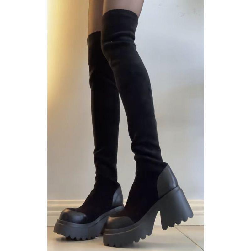 Женские сапоги новые с толстыми ногами маленькие на толстой подошве эластичные высокие сапоги Черные сапоги до колена на высоком каблуке