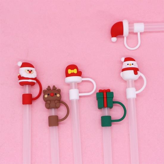 2Pcs Christmas Silicone Straw Cap 10mm Reusable Dust-Proof Straw Topper for Cup Party Decor Santa Claus Snowman