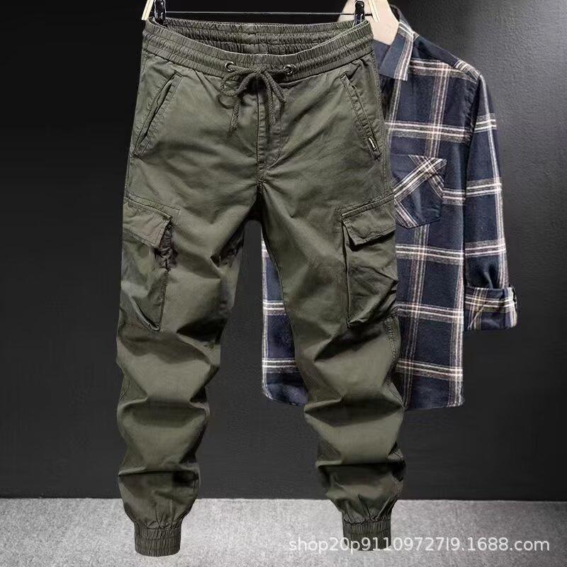 Casual Overalls Men's Spring and Autumn Loose Tied Feet Multi-pocket Solid Color Overalls Men