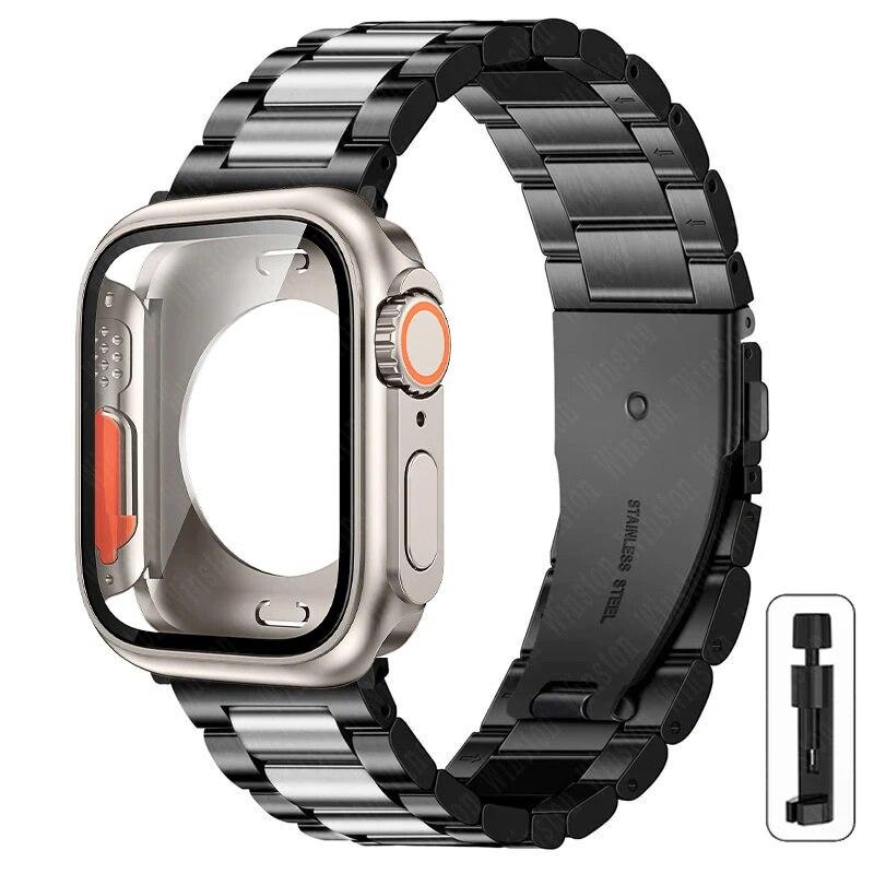 Ремешок+корпус из нержавеющей стали для Apple Watch 44мм 45мм 41мм 40мм Улучшенный ТПУ корпус Iwatch Series 9 8 7 6 SE 5 4 Металлический браслет