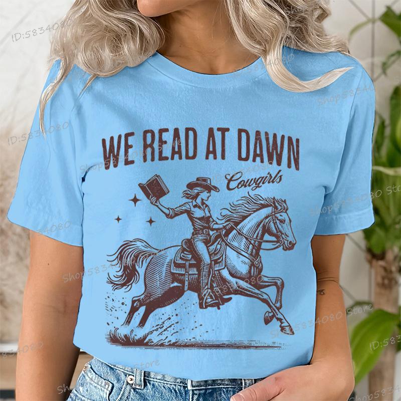 We Read At Dawn Cowgirl Tshirt Vintage Country Bookish Tops Gift For Book Lover Tee Bookish Cowgirl Retro Funny Reading Tshirt
