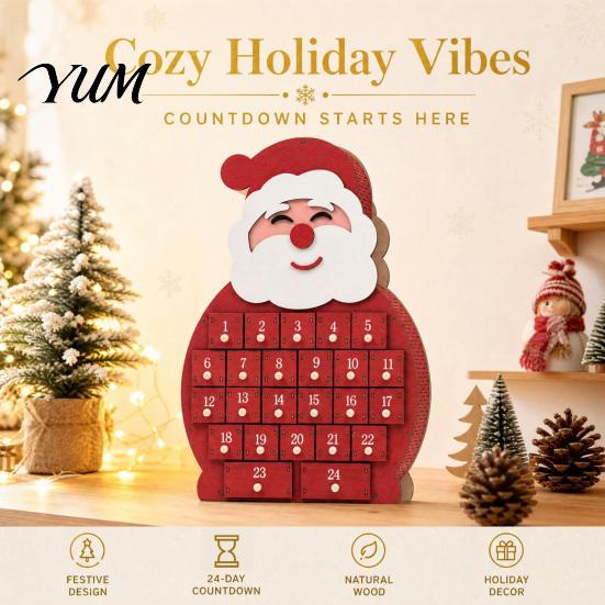 Christmas Gift for Kids Wooden Santa Snowman Advent Calendar, 24-Day Countdown Box with Xmas Home Ornament Numbered Drawers, Tabletop Decor,