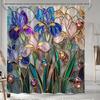 Stained Glass Iris Flowers Shower Curtain - Polyester, Purple Pink Blue Blooms, Golden Accents & Gem Beads, Fashion Bath Decor