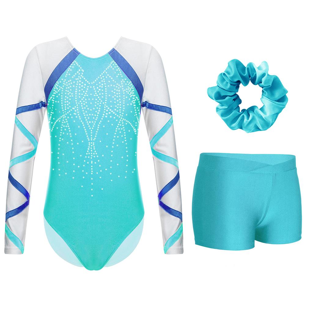 Костюм для танцев для девочек из 3 предметов, блестящий купальник с длинными рукавами, V-образный вырез спереди, шорты, повязка для волос для соревнований по гимнастике
