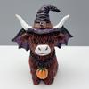 2Pcs Halloween Highland Cow Resin Figurine Wizard Hat Pumpkin Broom
