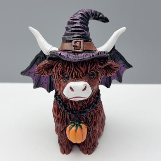 2Pcs Halloween Highland Cow Resin Figurine Wizard Hat Pumpkin Broom
