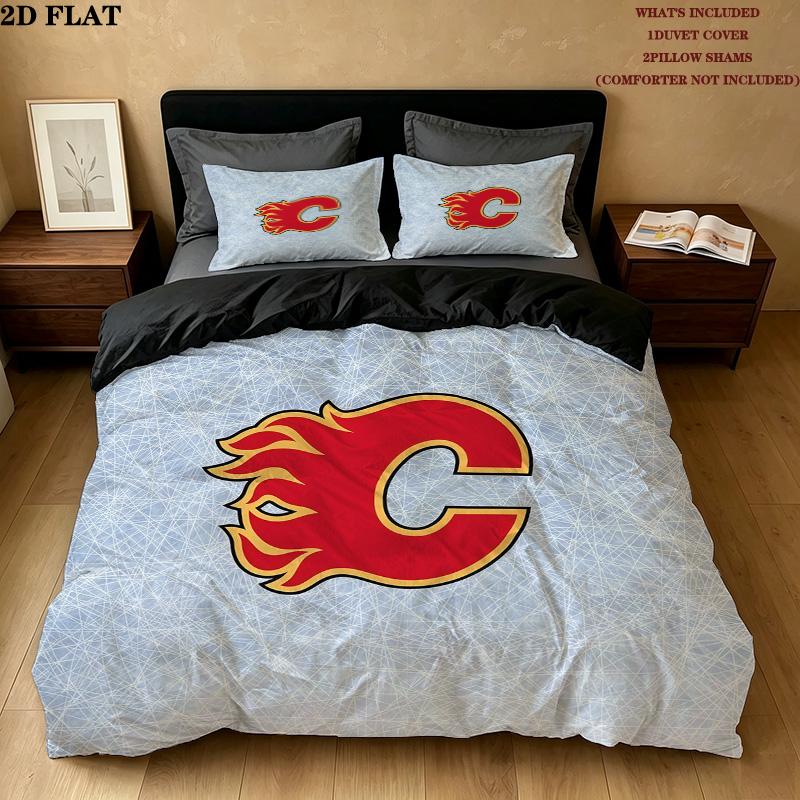 Calgary Flames Pattern Bedding Quilt Set Home Decoration Gift (1 * duvet cover + 2 * pillowcase without core)