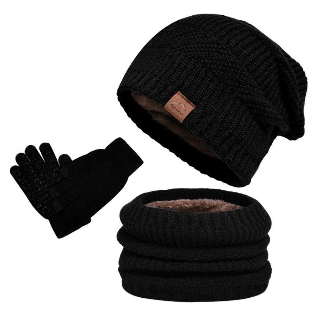 3pcs Wool Hat Scarf Gloves Set Warm Winter Beanie Hat Simple Thermal Knit Cap Skiing