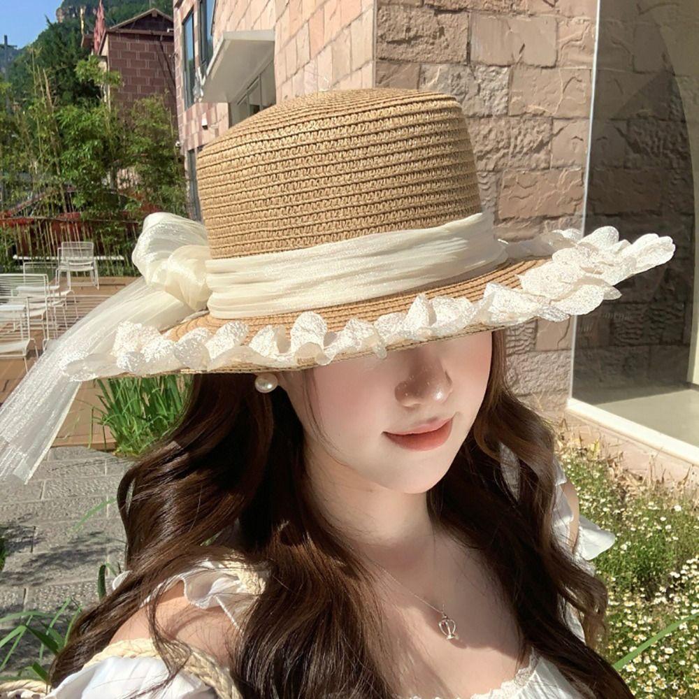 Flower Straw Hat Big Bowknot Wide Brim Hat Lolita Sun Protection Hat Seaside Vacation