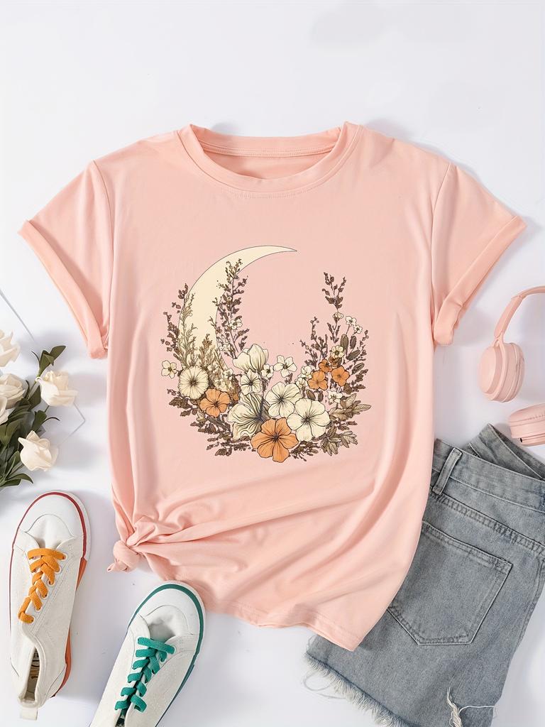 Футболка большого размера, женская, с цветочным принтом и лунным принтом, с коротким рукавом, круглым вырезом, слегка эластичный топ