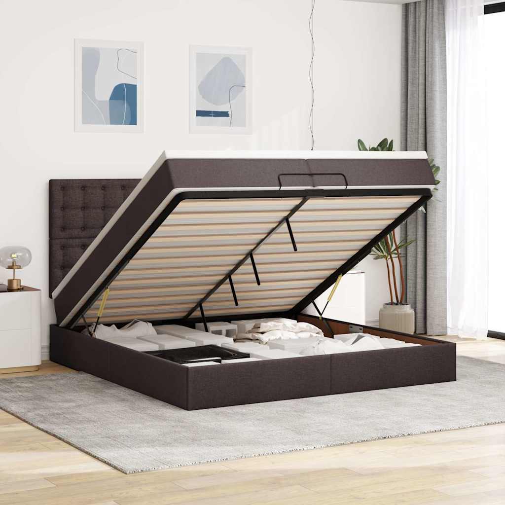 Enjoy restful nights with this Ottoman bed with mattresses and LED lighting in dark brown 200x200 cm fabric