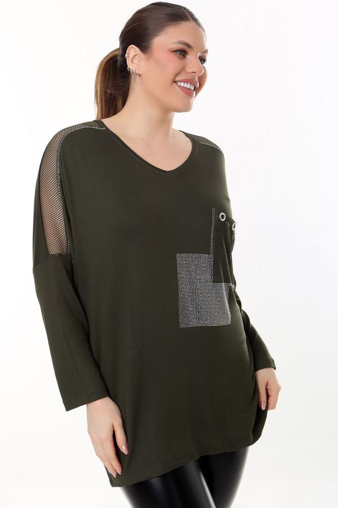 Женская блузка большого размера с v-образным вырезом, карманами и рукавами, сетчатая деталь, каменная вышивка, длинный рукав, удобная и струящаяся гибкая блузка