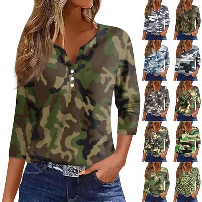 Жен. Футболка Футболка С принтом Пуговицы Рукав 3/4 Повседневные Выходные Мода Классический Классический V-образный вырез Обычный Верх