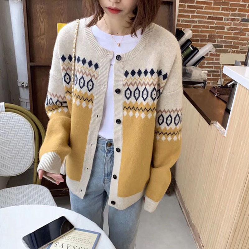 Весна Осень Винтаж Жаккард Круглый Вырез Вязаный Кардиган Женский Дикий Плюс Размер Свитер Пальто