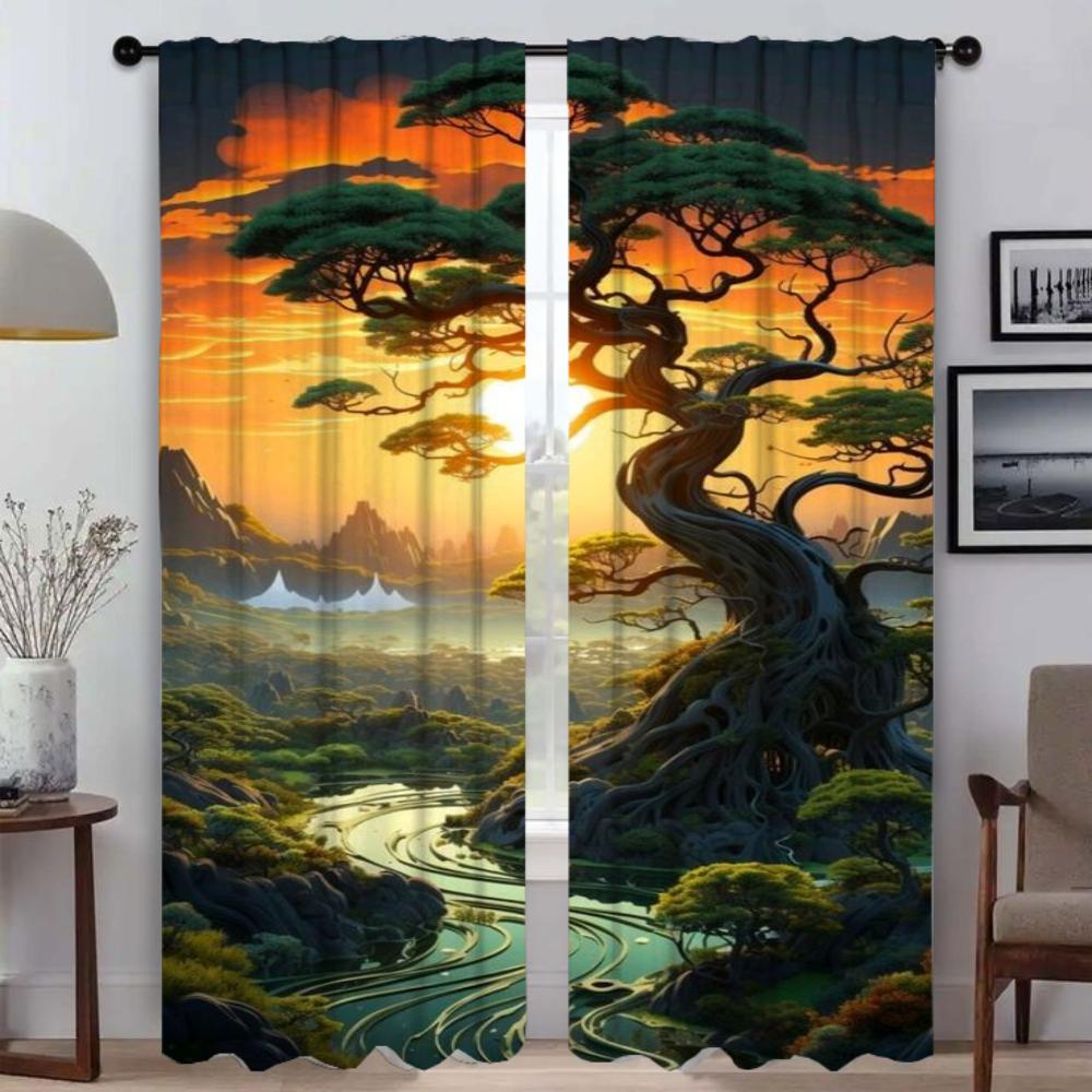 Sun Moon and Tree Kitchen Curtains for Camera Blackout Curtain for Room 2 Panel Partition Halloween Decoration Shades Living