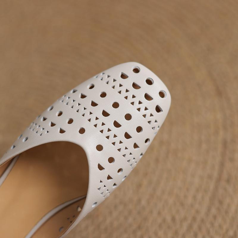 Fashion New Women's Genuine Leather Cowhide Hollow Breathable Square Toe Low Heel Toe Mueller Slippers with Holes In Summer