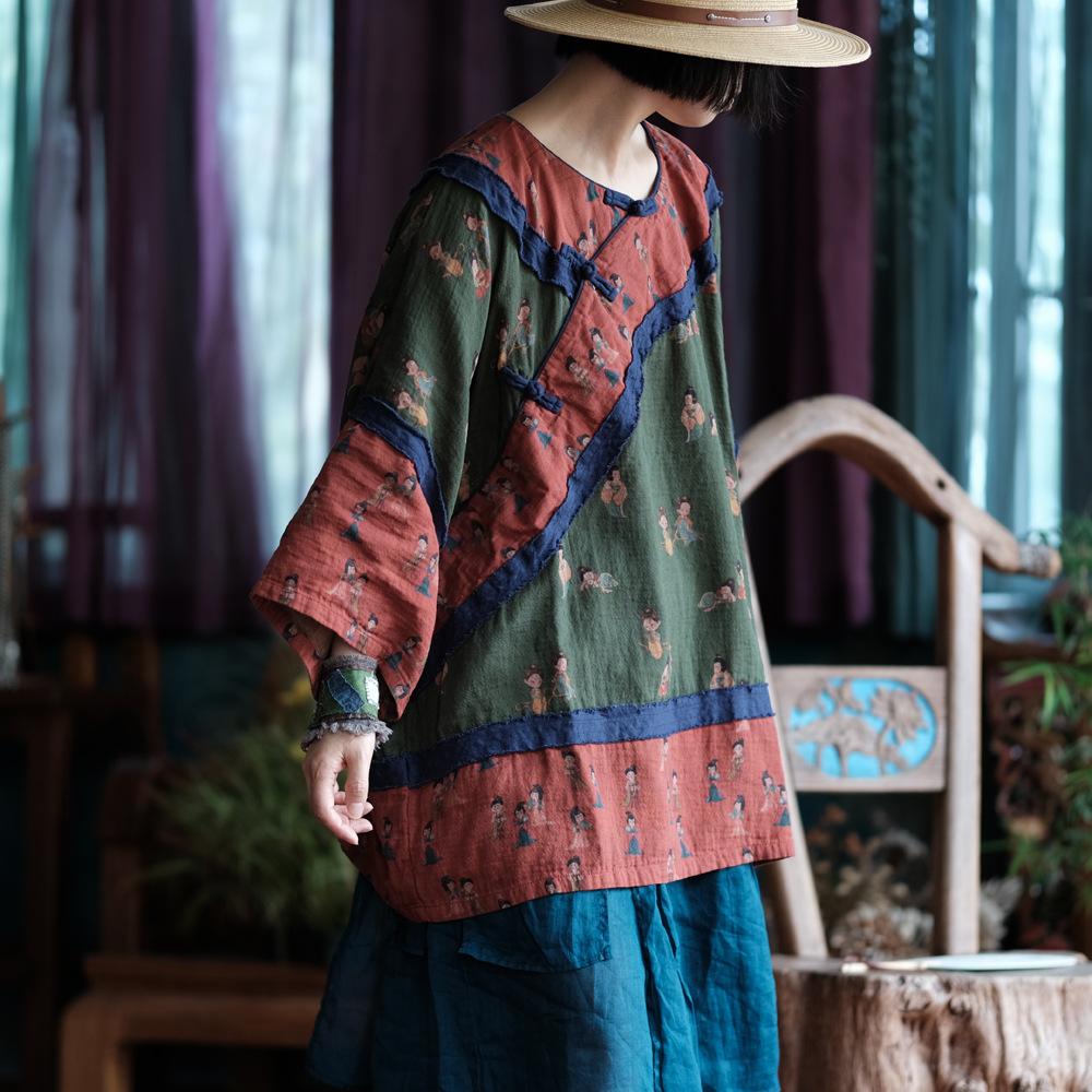 Johnature Women Vintage Print Floral Patchwork Color T-Shirts O-Neck Long Sleeve Loose Fall Chinese Style T-Shirts