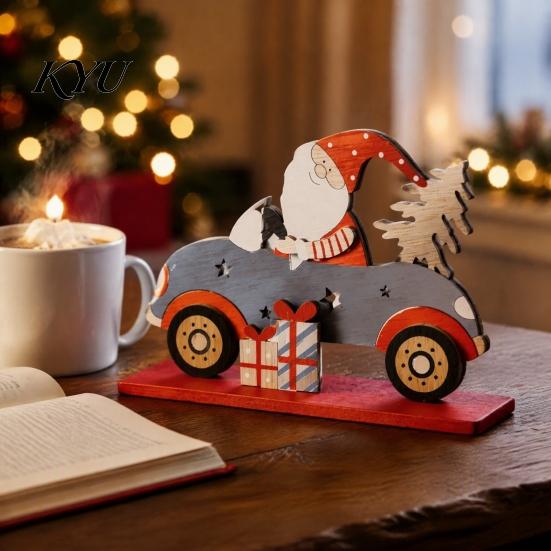 Decorative Wooden Gnome Set Vintage Santa Driving Figurine, Car Tabletop Ornament Natural Wood Christmas Craft with Tree, Festive Holiday Decor