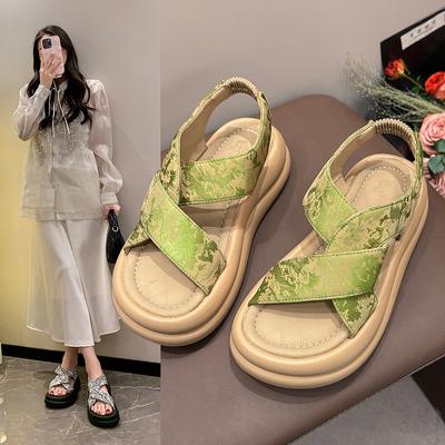 Женские летние новые модные сандалии на платформе с цветочным принтом, спортивные для отдыха в римском стиле, пляжная женская обувь