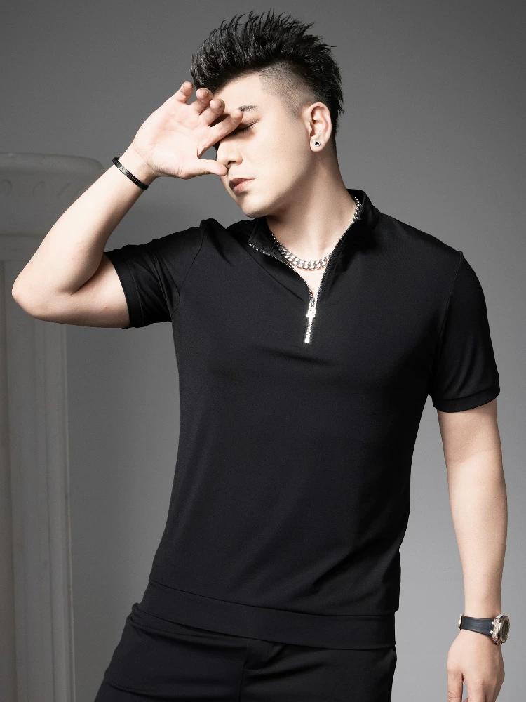 European Goods 2025 Summer New Men's Polo Shirt Fashion Brand Stand Collar Short sleeve T-shirt Solid Bottoming Shirt Men's Top