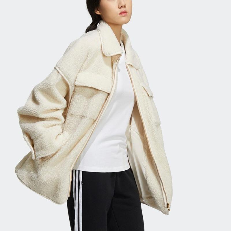 adidas Оригиналы Флисовая куртка-бомбер однотонная с молнией Теплая из искусственного мутона Женские куртки Белая HC6602