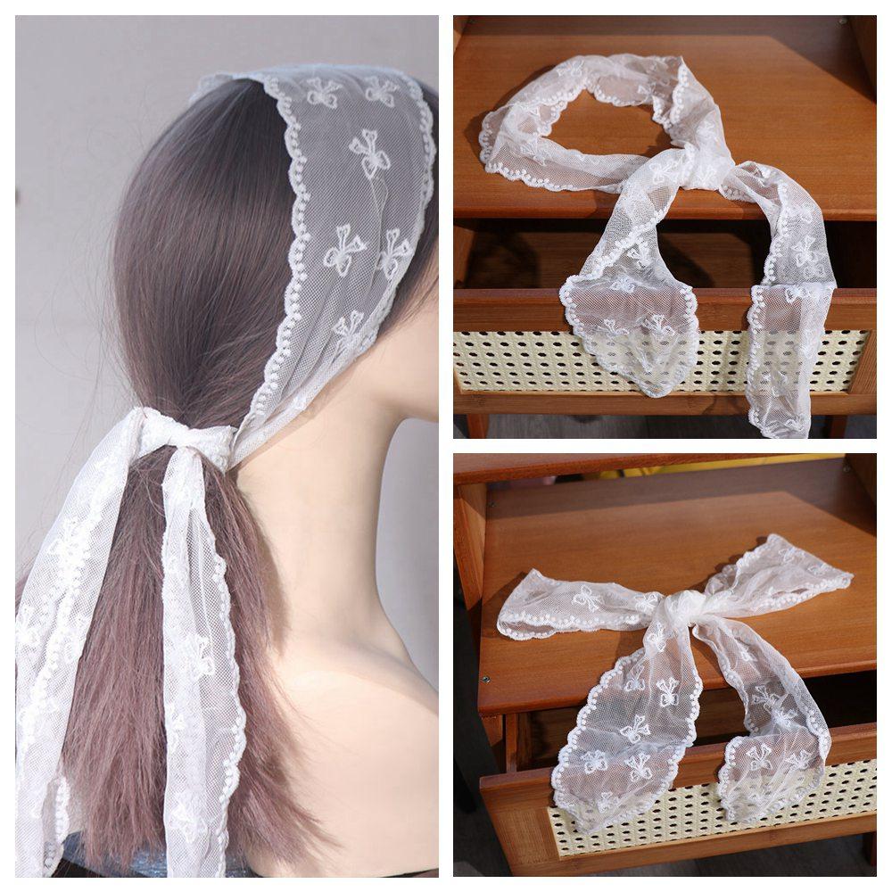 Soft Wrap Sweet Bow Headband Adjustable Ribbon Hair Strap French Lace Hair Scarf Wedding