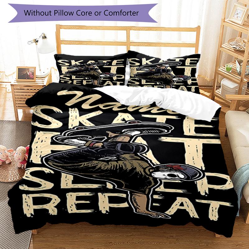 3pcs Custom Name skateboard Bedding Set Duvet Cover Closure Includes 1 Duvet Cover & 2 Pillowcases, Soft and Comfortable for All Seasons.