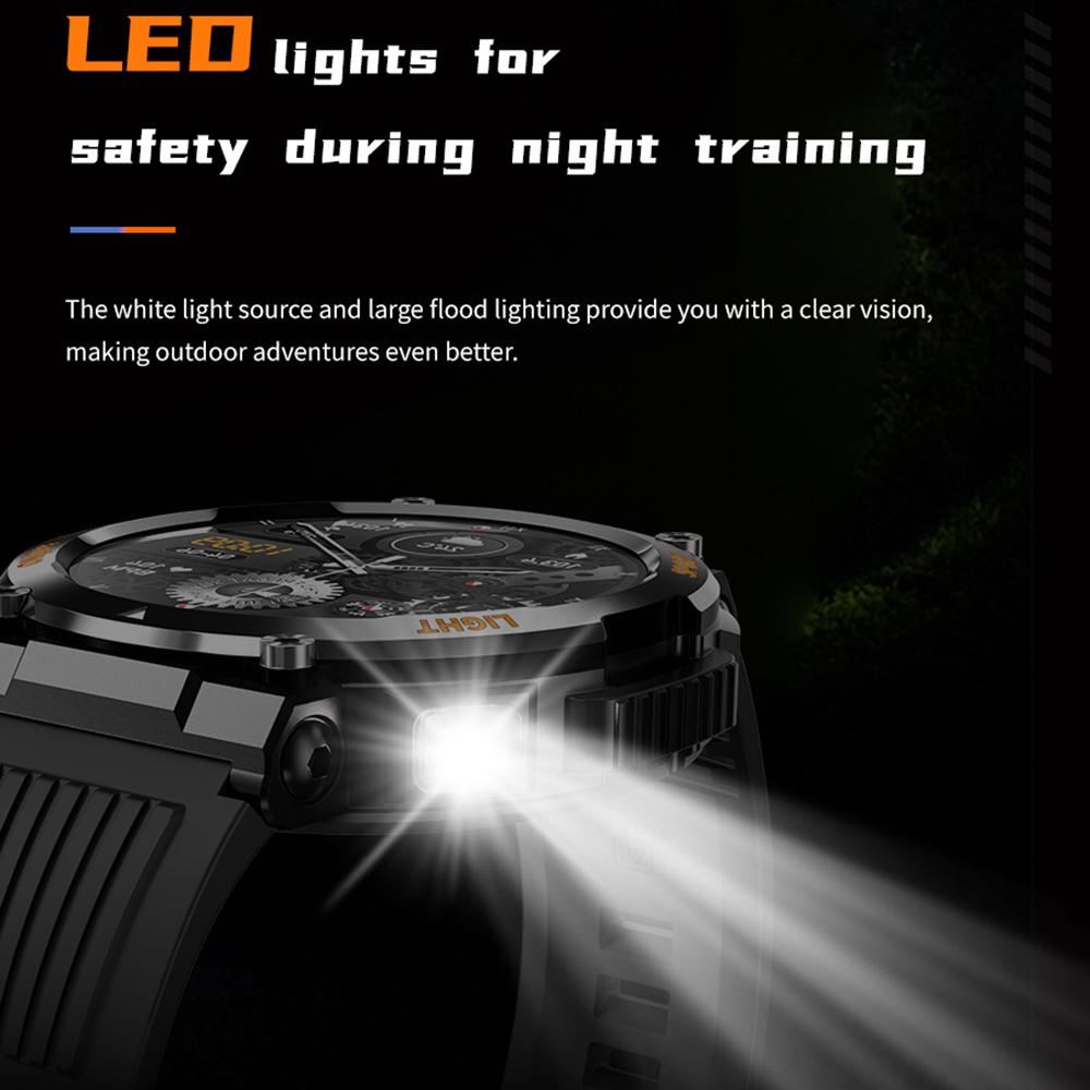 Военные QTLLBT SmartWatch 1,46-дюймовый HD светодиодный фонарик компас фитнес-трекер с функцией спортивные часы, пульсометр SPO2 совместимы с