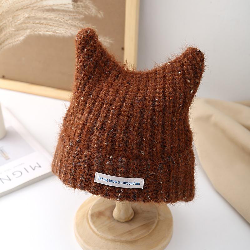 Autumn and winter warm plush knitted hat cute cat ears cover versatile cold hat showing face small wool hat woman