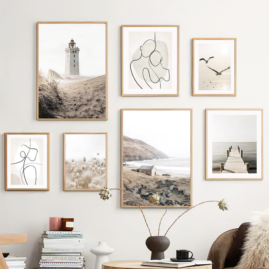 Бежевый Камыш из Морской Травы Одуванчик Линейные Фигуры Настенное Искусство Холст Живопись Постеры и Принты Картинки для Отеля Бара для Декора Гостиной