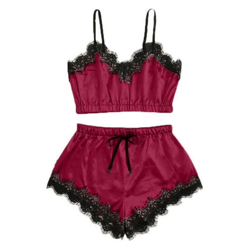 Women Sexy Lace Strappy Babydoll Lingerie Silk Satin Cami Top Shorts Nightwear Pyjama Set