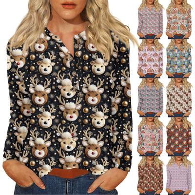 Жен. Футболка Футболка С принтом Пуговицы Длинный рукав Повседневные Выходные Мода Классический V-образный вырез Обычный Верх