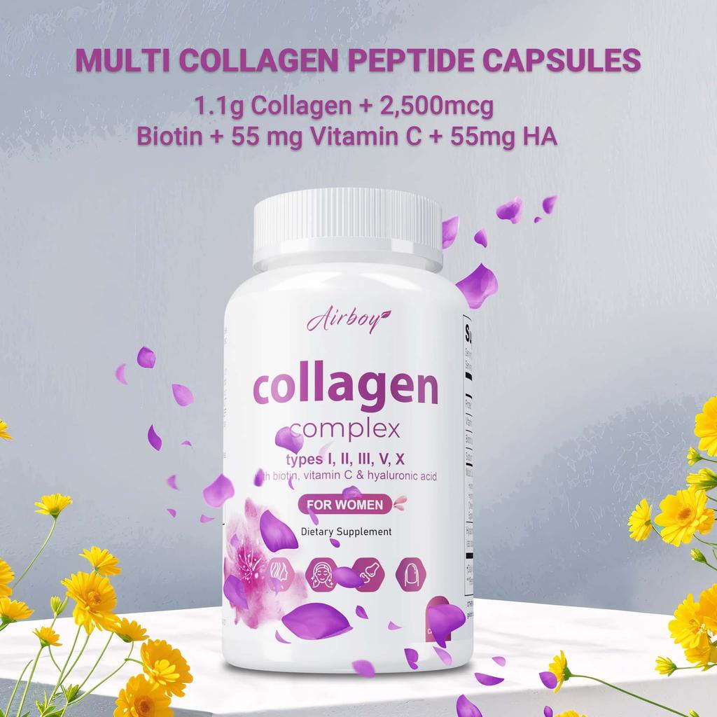 Collagen capsules containing biotin, vitamin C, and hyaluronic acid help maintain skin elasticity and support healthy hair, nails, and joints.