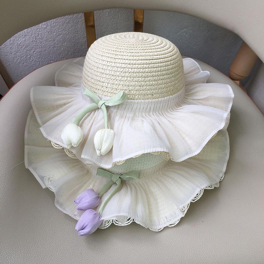 Girls Summer Straw Hat Large Brim Tulip Bucket Hat Princess Beach Sun Protection Cap For Kids Outdoor Shade