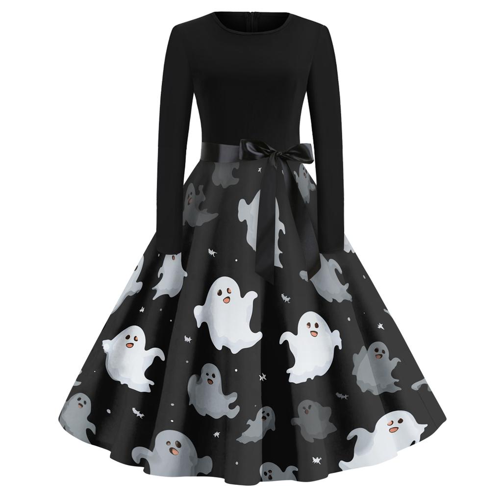 Женское повседневное модное платье винтажного стиля с круглым вырезом и принтом на Хэллоуин