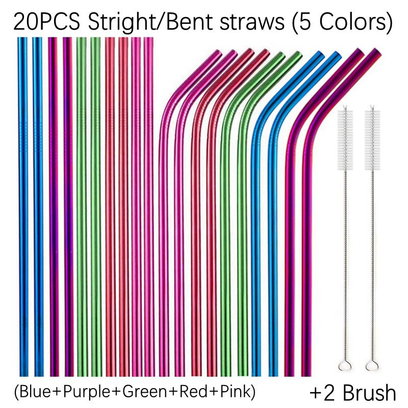 6*215mm 10 Colors Eco-friendly Reusable Metal Straws Set 304 Stainless Steel Drinking Straw Cocktail Party Favor Bar Accessory