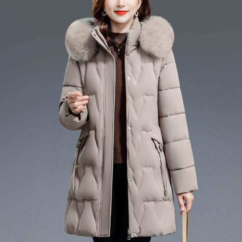 Middle Age Woman Winter Coats Hooded Faux Fur Collar Casual Thick Warm Long Parkas Women's Jackets