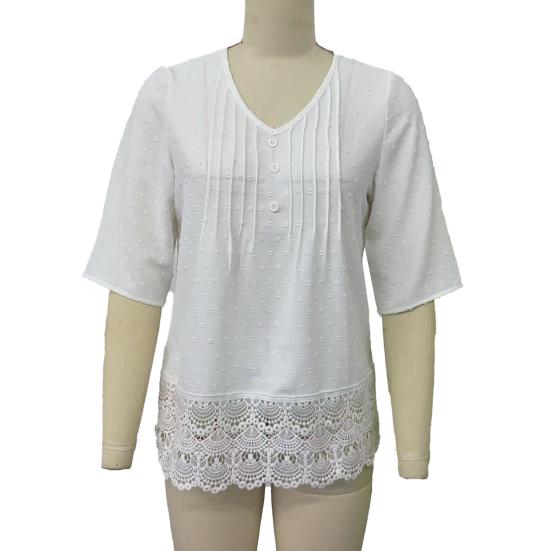 Женская рубашка с V-образным вырезом, рукавом 3/4, повседневная, с кружевной вставкой на подоле, жаккардовым декором, однотонная, дышащая