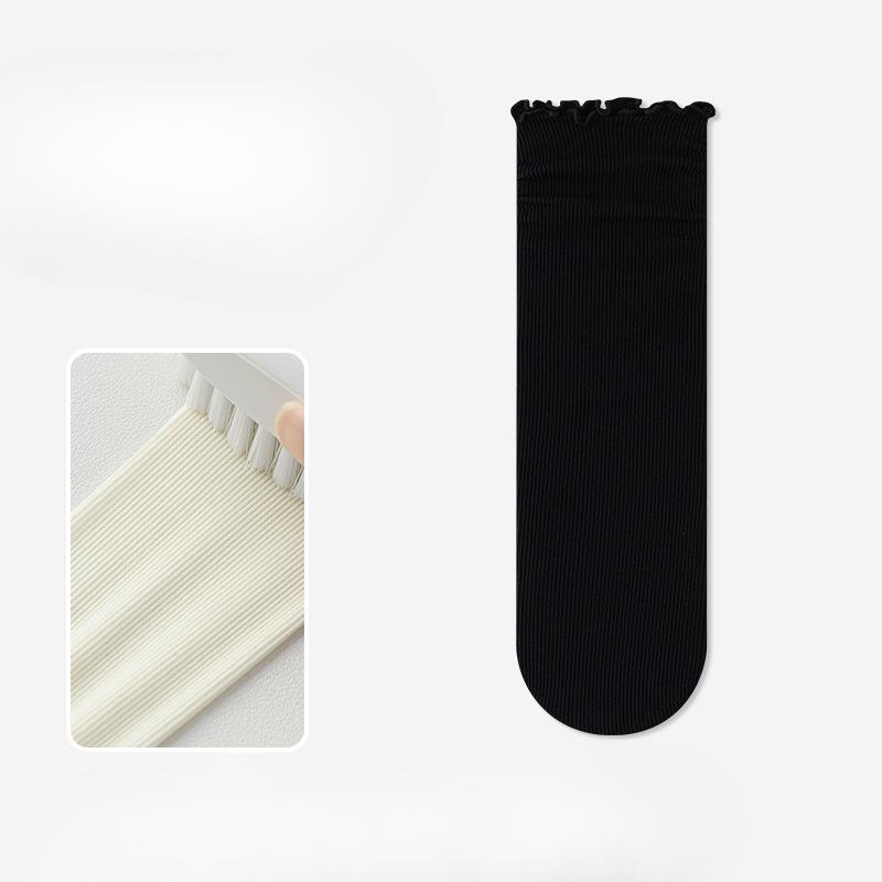 Summer Rolled-up Ice Silk Thin Pile Socks for Women, Black Fungus Lace Versatile Lace Socks, Mid-calf Socks