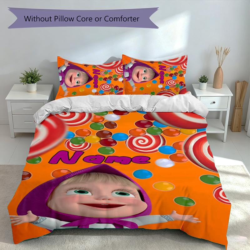3pcs Custom Name Masha and the Bear Set,Includes 1 Duvet Cover and 2 Pillowcases,All-season Bedroom Decor