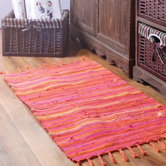 Machine Washable Bedroom Rug Reversible Cotton Rag Rug, Boho Hand Woven Multi Color Striped Bath Non Slip for Hallway with Tassels, Area Living