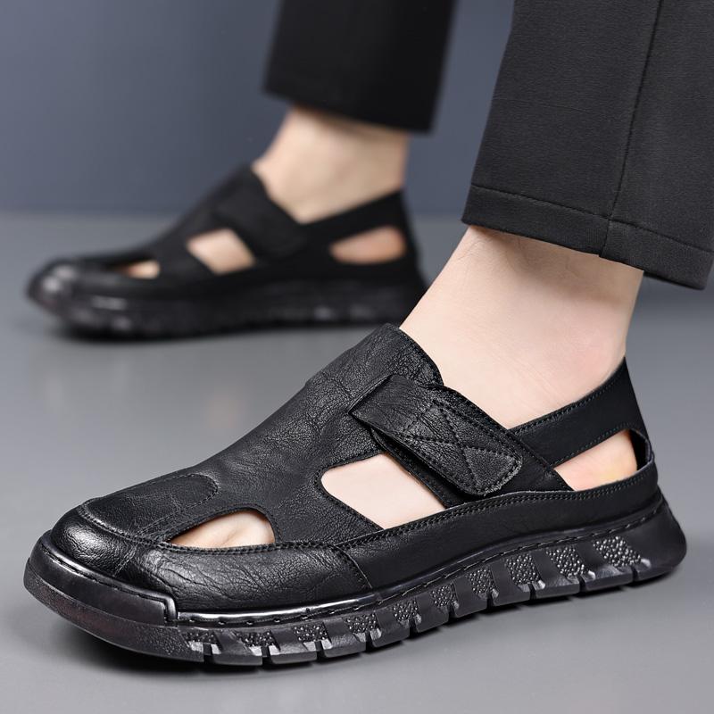 Fashion Men Soft Sole Comfort Sport Sandals Outdoor Light Beach Split Cow Leather Hollow Out Shoes Summer Anti-Slip Casual Men Sandals