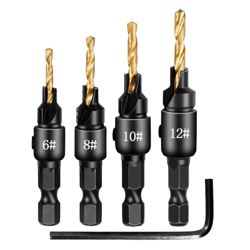 4Pcs 1/4inch Hex Shank Adjustable Countersink Drill Bit Set Replaceable Drill Bit Woodworking Countersink Drill Bit