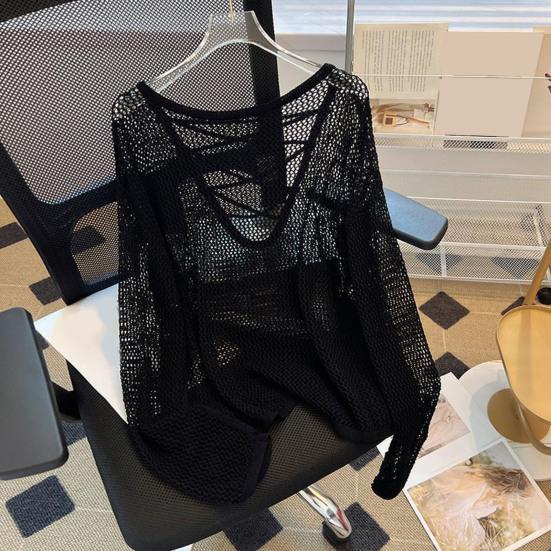 Женские топы-накидки с V-образным вырезом, воротником на бретелях, длинным рукавом, летние солнцезащитные топы, однотонная рубашка с ажурным дизайном, непромокаемая рубашка