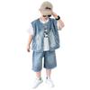Boys' Summer Denim Vest & Printed Tee Shorts Set - Cool American Style 2026