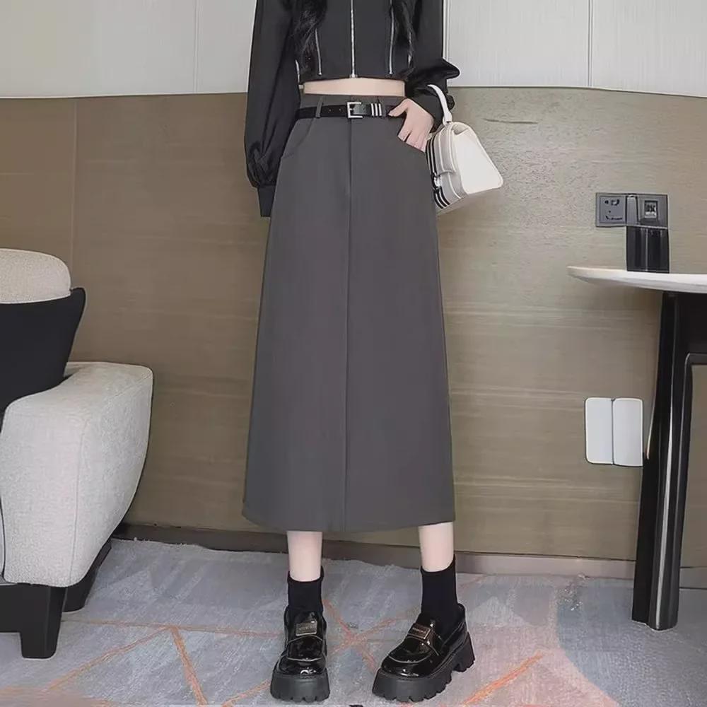 Маленькая серая юбка-трапеция для женщин - рабочая одежда, высокая талия, разрез на бедрах, осень/зима 2024 г.